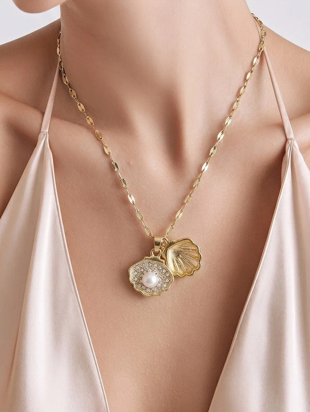 Gold Pearl Shell Pendant Necklace Stainless Steel CZ Crystal Coastal Jewelry